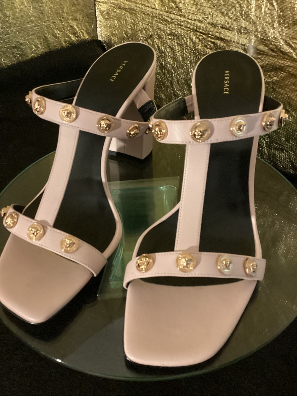 Versace beige Leather Medusa-Embellished Block Heel Sandals